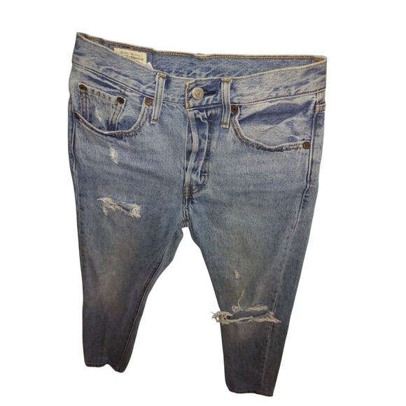 LEVI'S 501 US 24 x 28 Ripped Denim Button Fly Skinny Jeans Distressed Light Wash - Picture 1 of 9